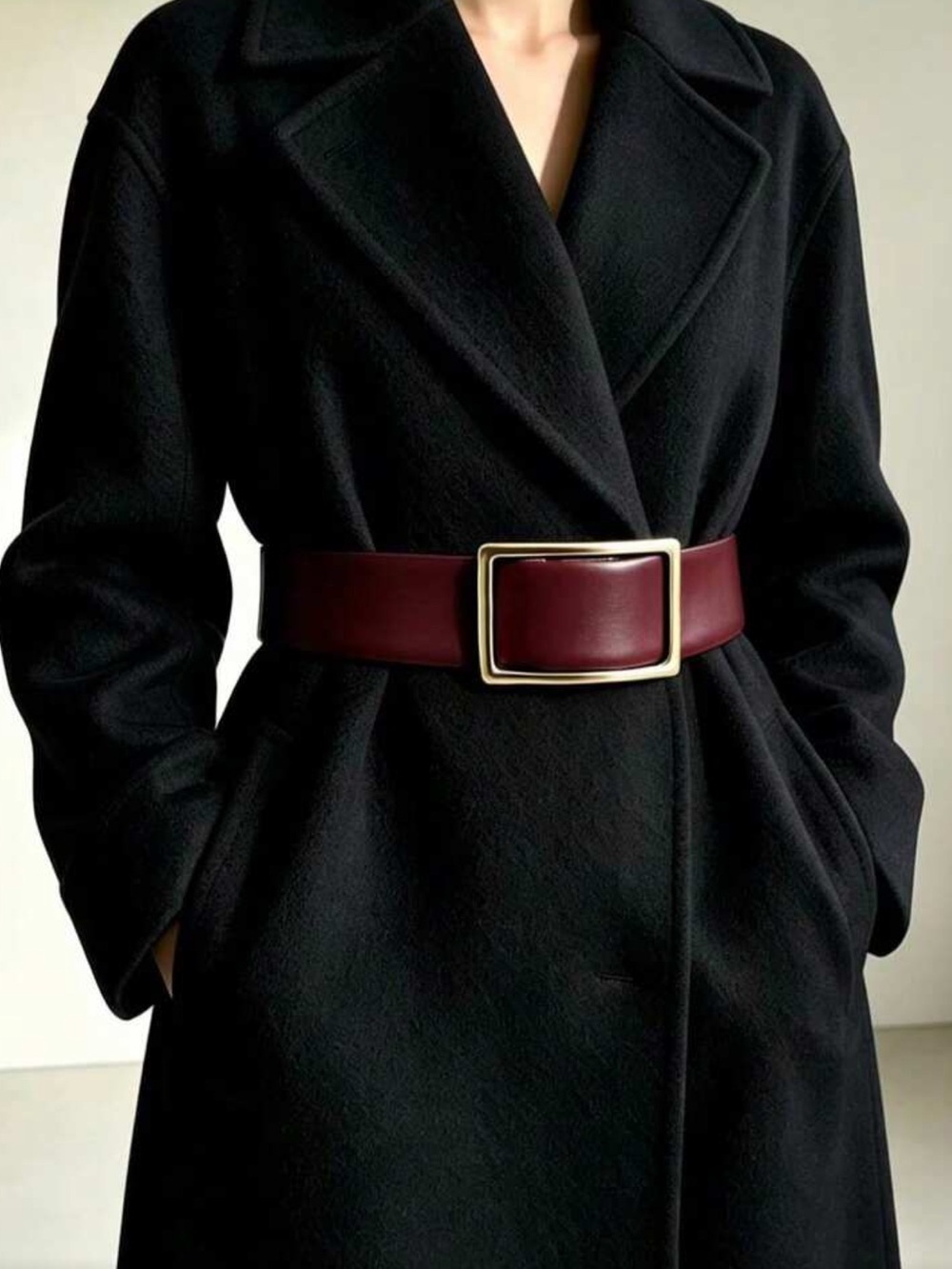 Wide Burgundy Leather Belt with Gold-Tone Rectangular Buckle
